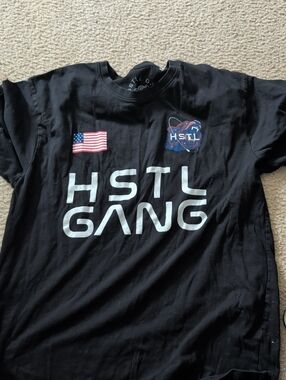 Hustle Gang Black Tee with White Logo and Red/Blue Accents